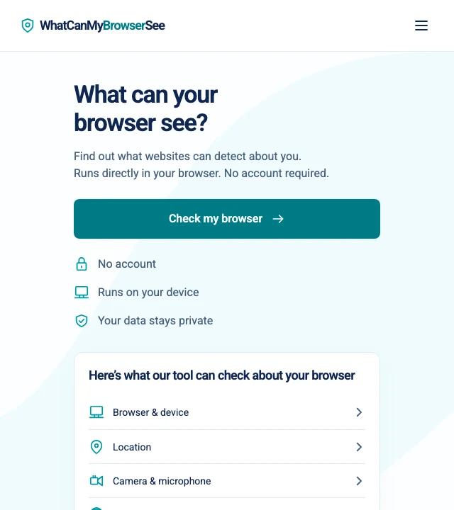 What Can My Browser See homepage with browser, location and privacy check previews
