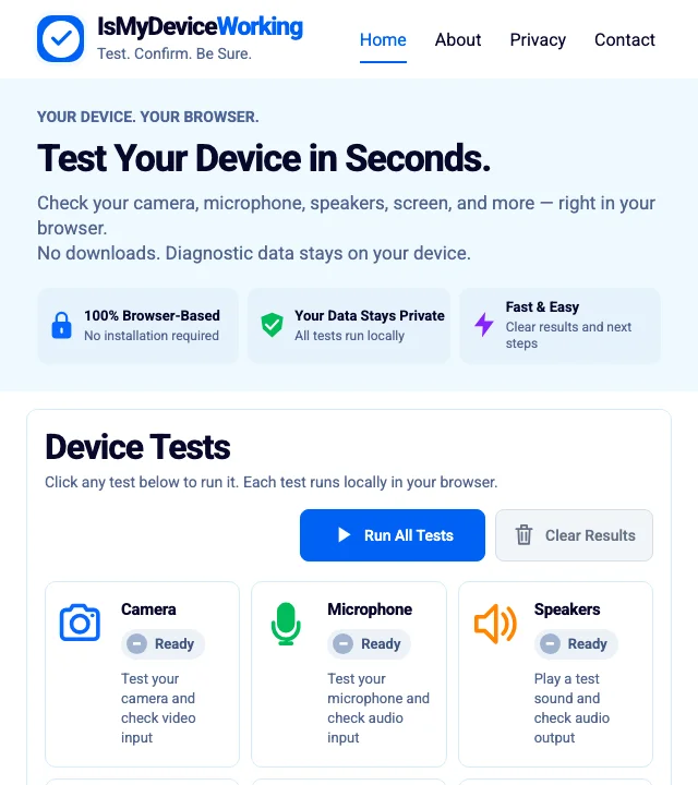Is My Device Working homepage with camera, microphone and other device checks ready to run