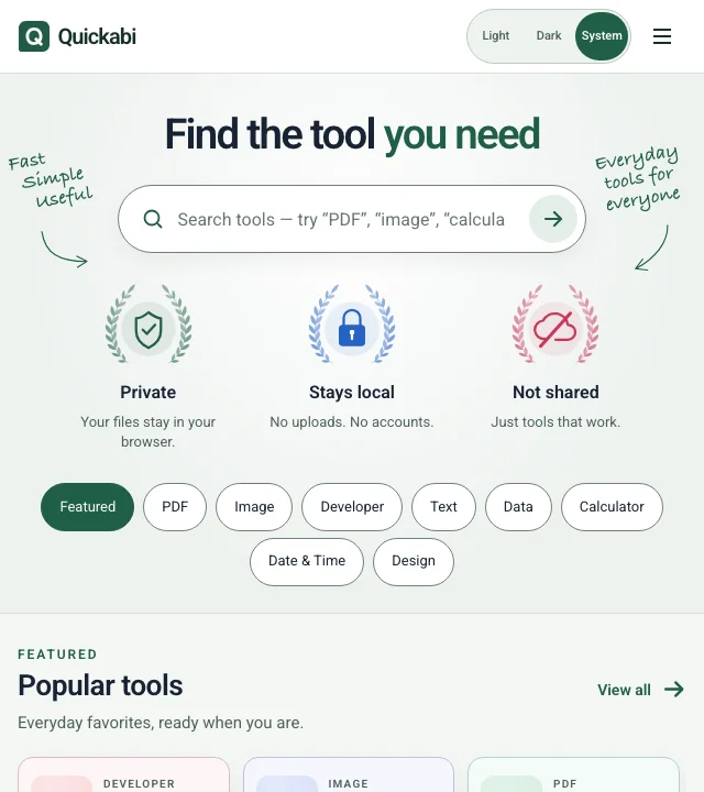 QuickAbi home with tool search, privacy features and popular browser utilities