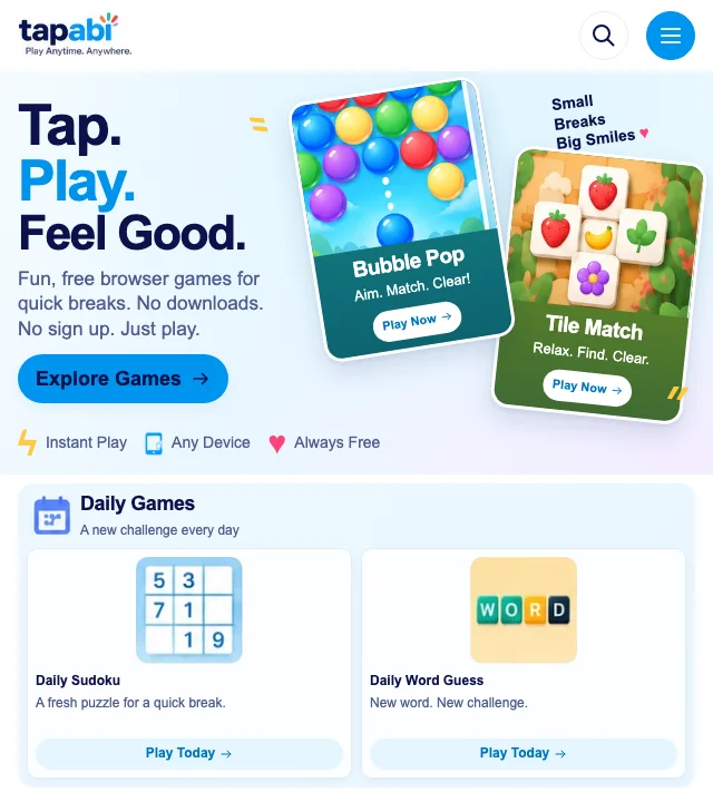 TapAbi homepage with colorful Bubble Pop and Tile Match game artwork