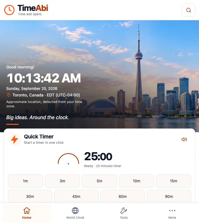 TimeAbi local homepage with Toronto skyline, current time and quick timer